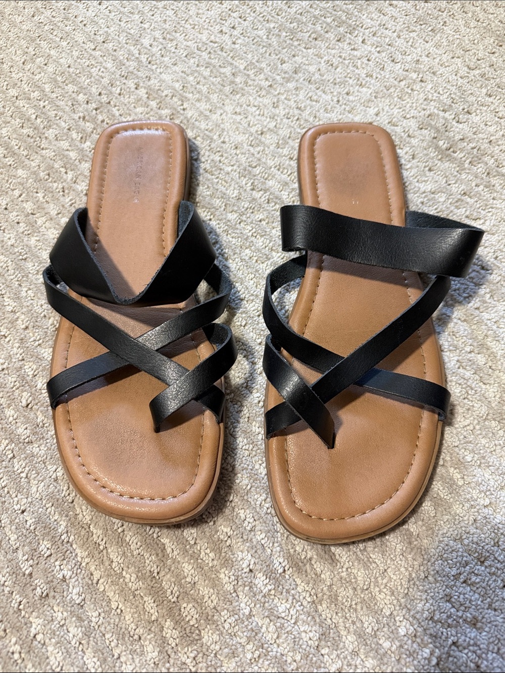 American Eagle Outfitters Black Strappy Slide Sandals with Tan Footbed